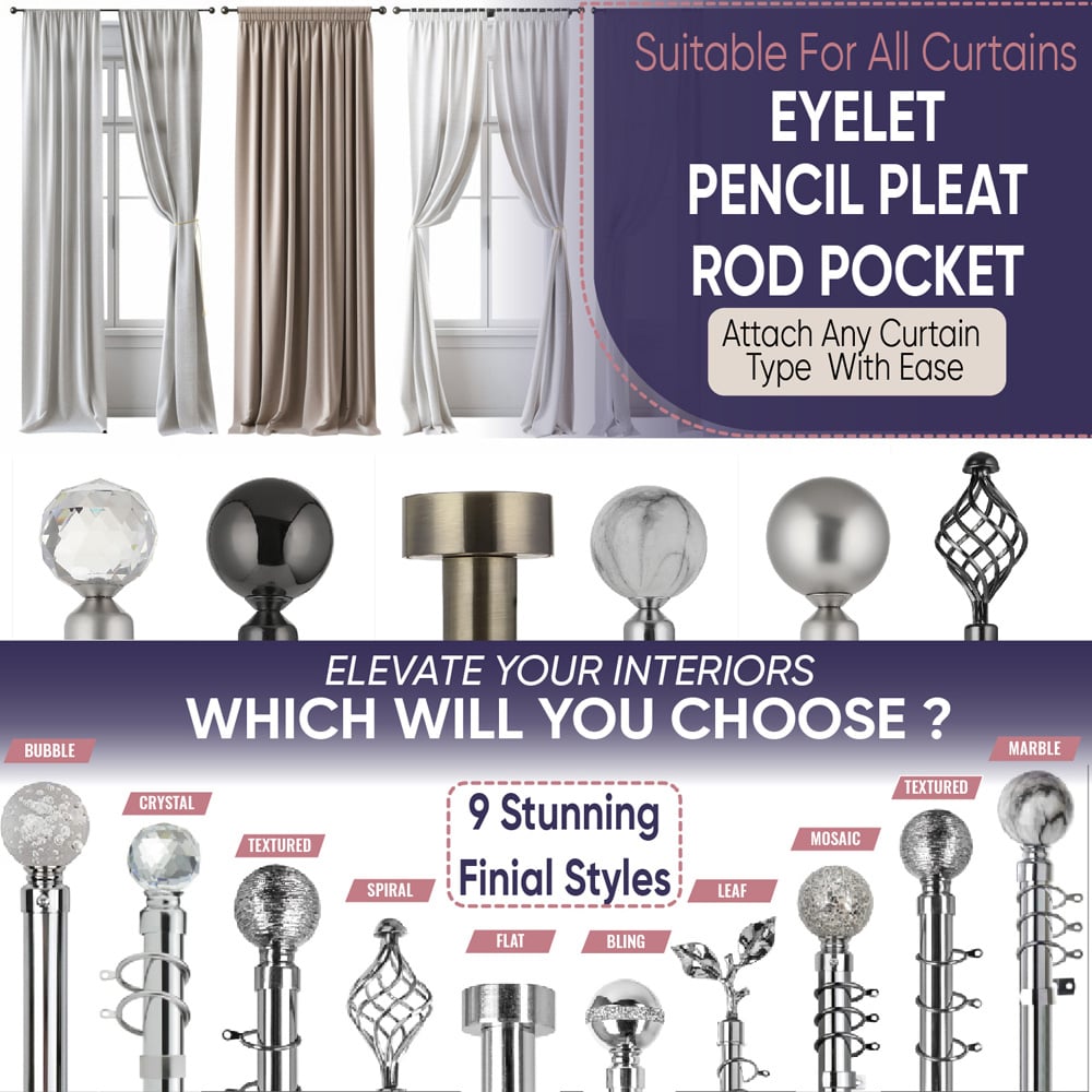 Home Treats 40 to 218cm Extendable Brass Metal Round Curtain Pole Image 7