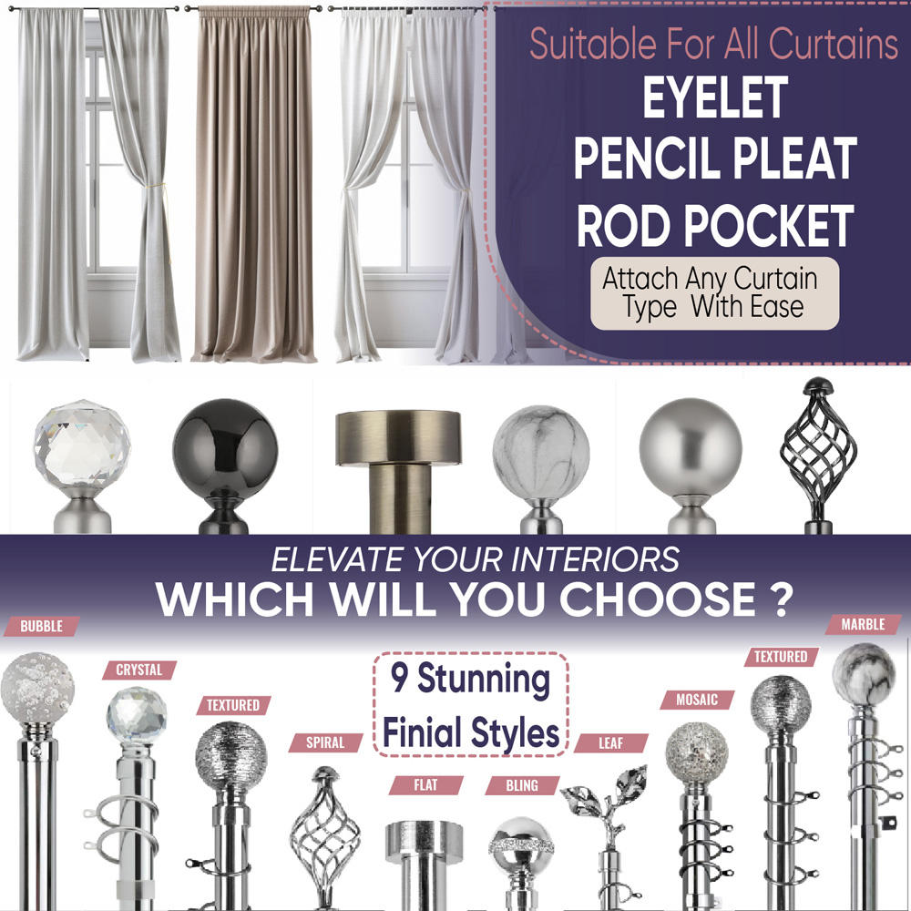 Home Treats 40 to 325cm Extendable Satin Nickel Metal Crystal Curtain Pole Image 7