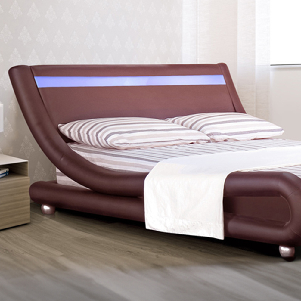 Brooklyn Italian Designer Double Size Brown Faux Leather Bed Frame with LED Image 2