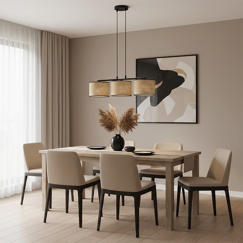 Emibig Eco 3 Light Rattan Cylindrical Shade Black E27 Ceiling Pendant Light Image 4