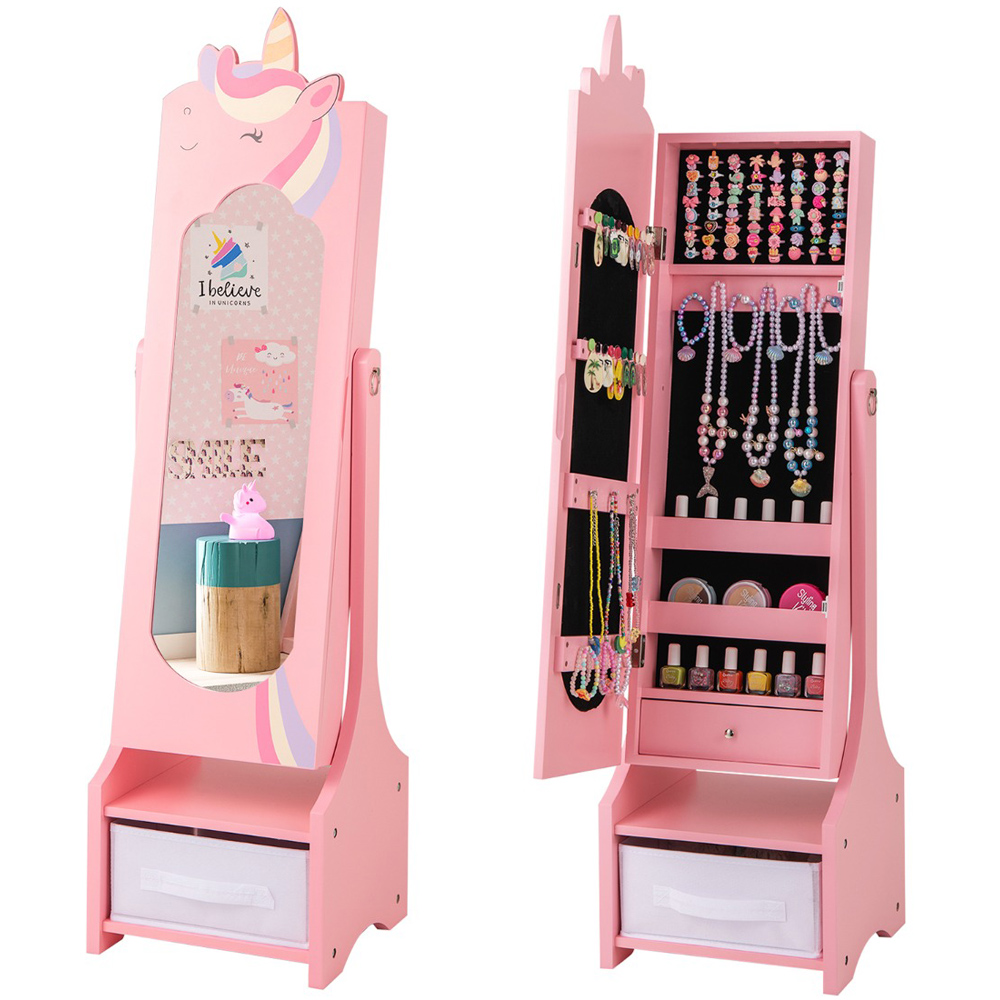 Costway Pink Kids Jewellery Armoire Cabinet Full Length Mirror with Tilt Angles Image 2