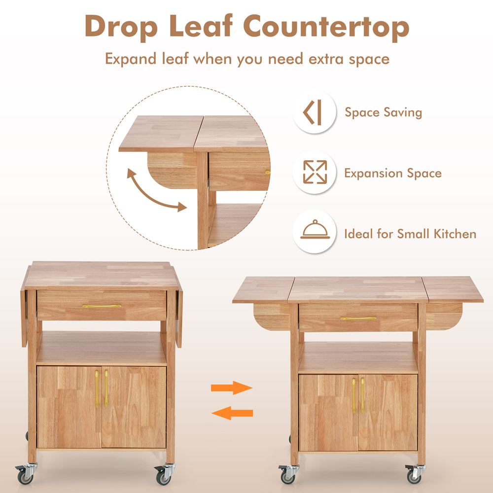Costway 2 Door Single Drawer Natural Drop Leaf Kitchen Island Trolley Image 5