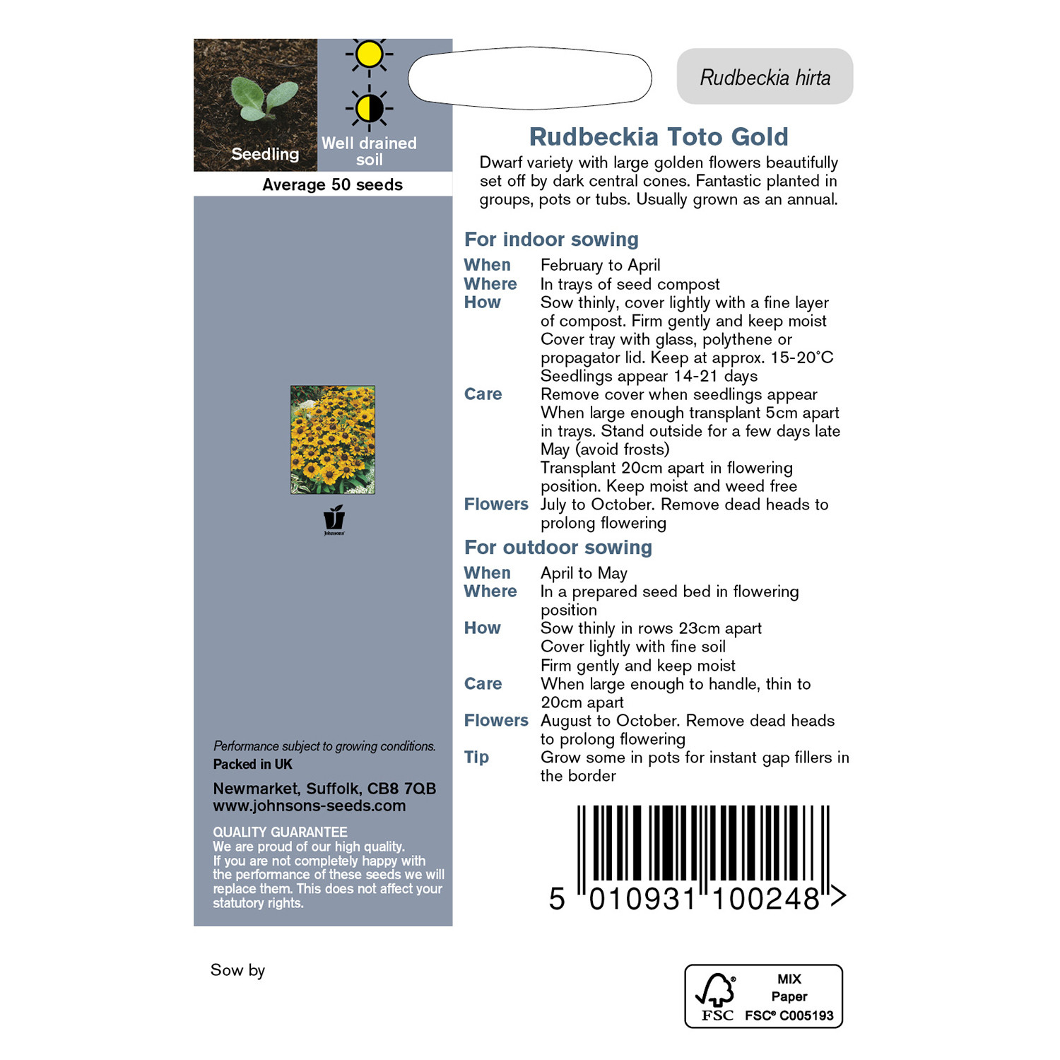 Johnsons Pack of Toto Gold Rudbeckia Flower Seeds Image 3