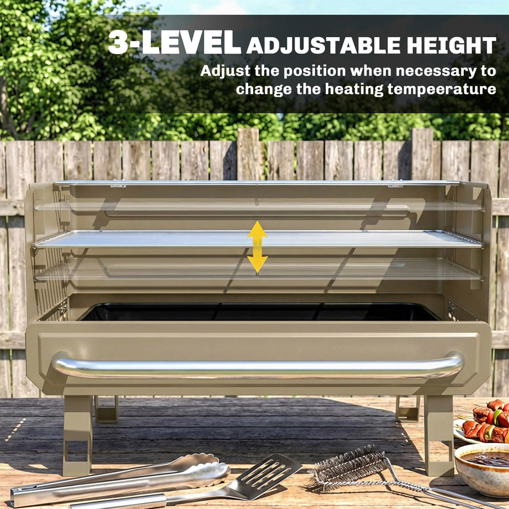 Outsunny Khaki Portable Barbecue Grill with Adjustable Grates and Side Shelf Image 5