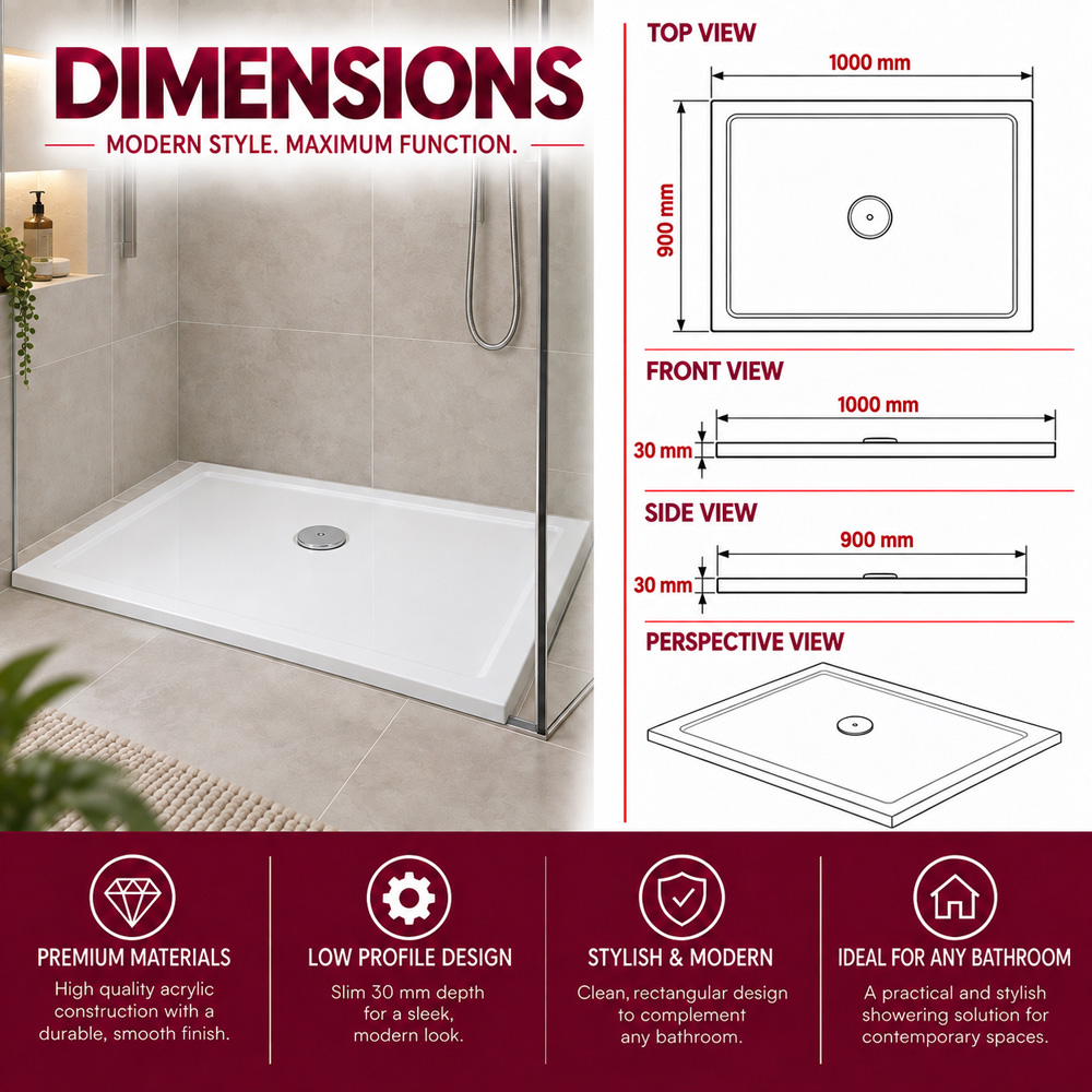 Go Bathrooms 30mm White Low Profile Square Shower Tray 1000 x 900mm Image 6
