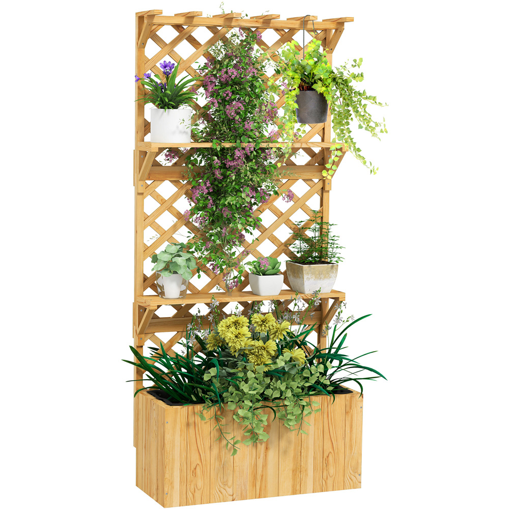 Outsunny 52L 2 Shelf Natural Wooden Raised Garden Bed with Trellis 177 x 33 x 76cm Image 1