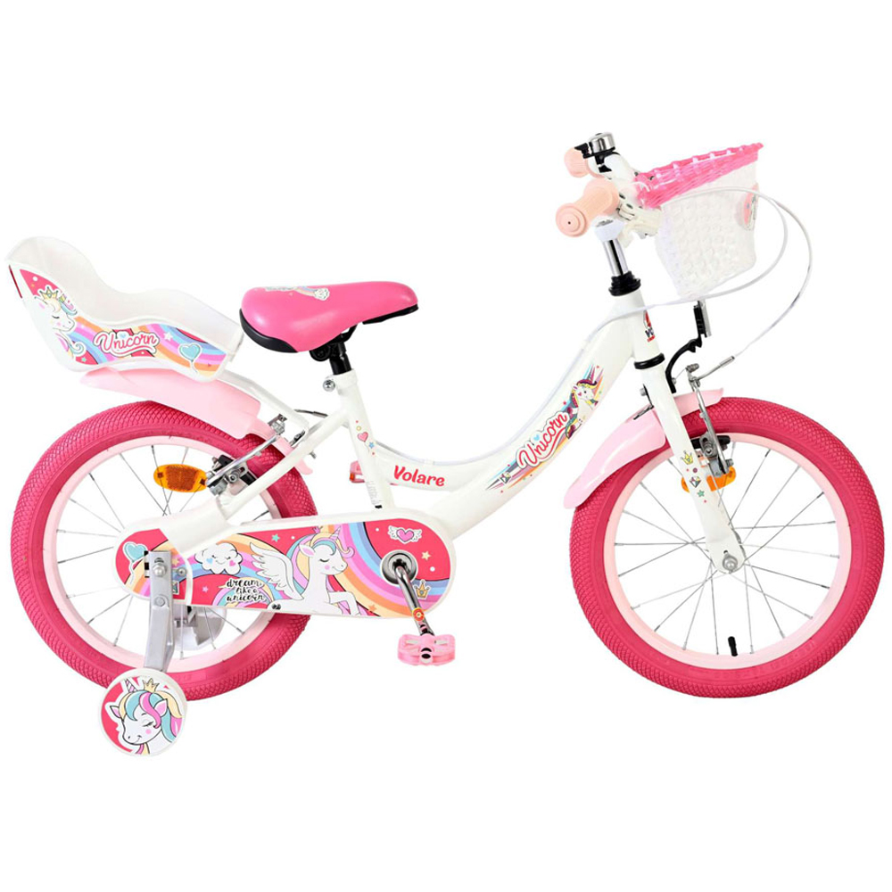 Volare Unicorn Kids 16 inch White and Pink Bike with Stabilisers Doll Seat and Basket Image 6