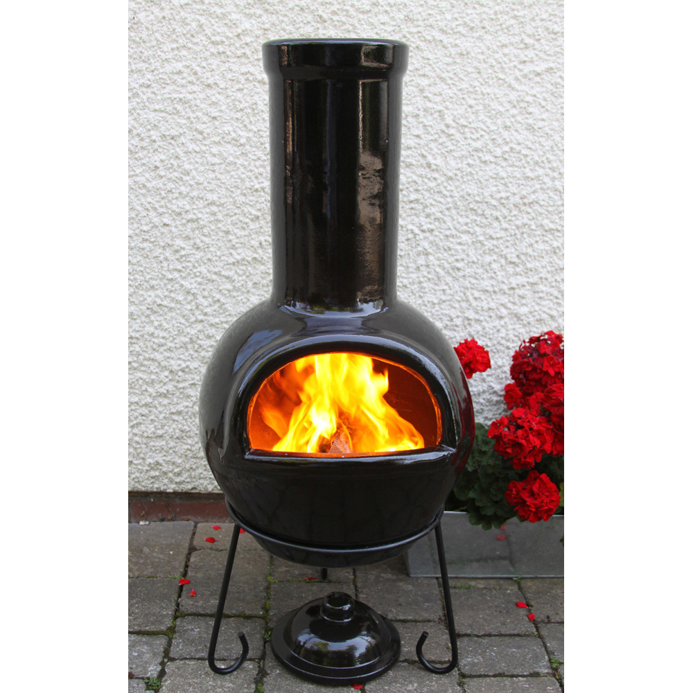 Gardeco Sempra Large Glazed Black Chimalin AFC Chimenea with Lid and Stand Image 2