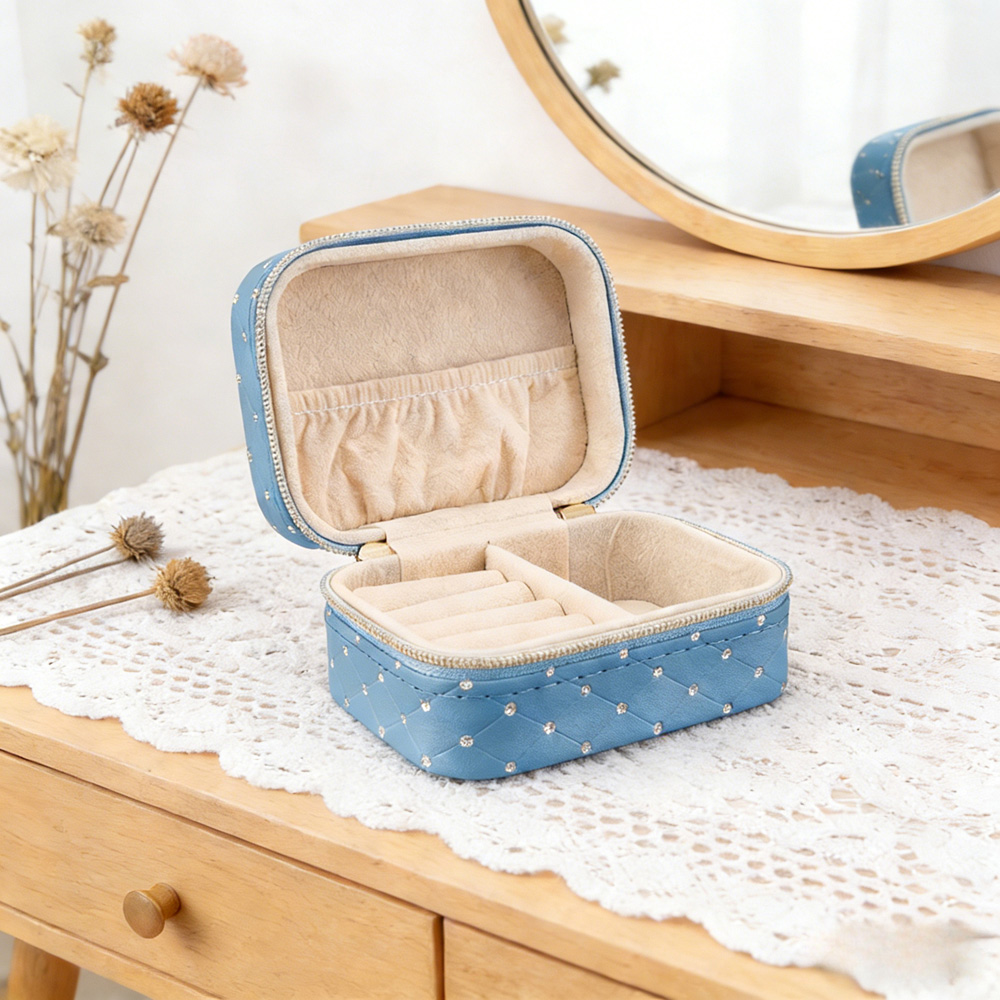 Living and Home Blue PU Leather Rhinestone Detailing Travel Jewellery Box Image 7