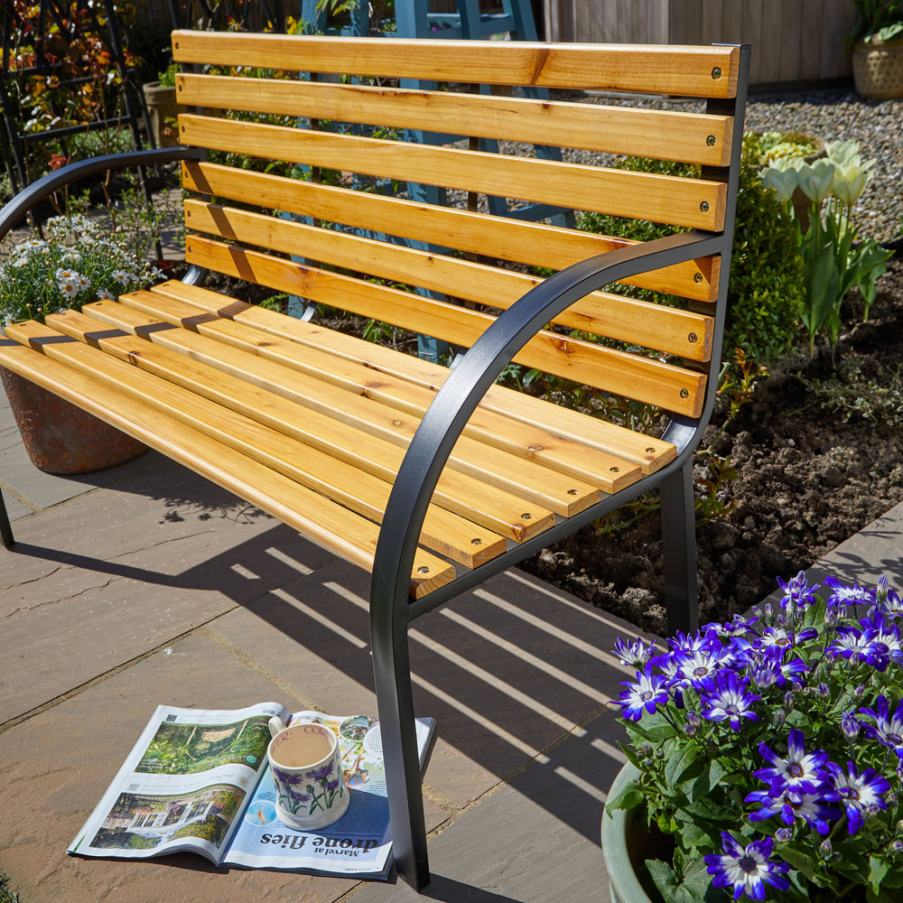 Home Source Lupine 2 Seater Wood and Metal Curved Garden Bench Image 3