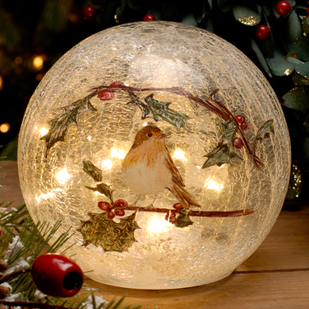 Festive 12 Warm White LED Crackle Effect Traditional Robin Ball Christmas Decoration 15cm Image 2