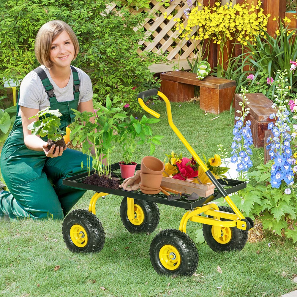 Outsunny Yellow Garden Trolley with Pneumatic Wheels and Rotating Handle Image 2