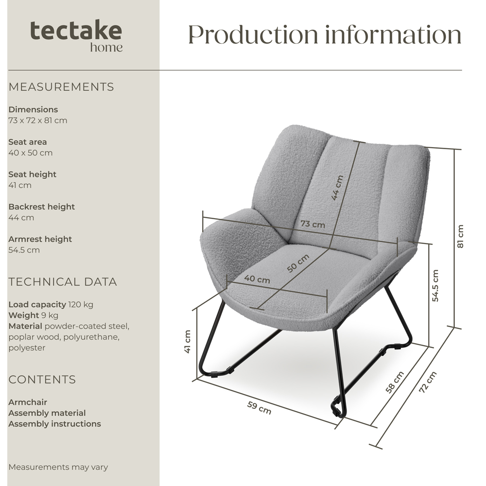 tectake Kjeld Light Grey Boucle Fabric Armchair Image 9
