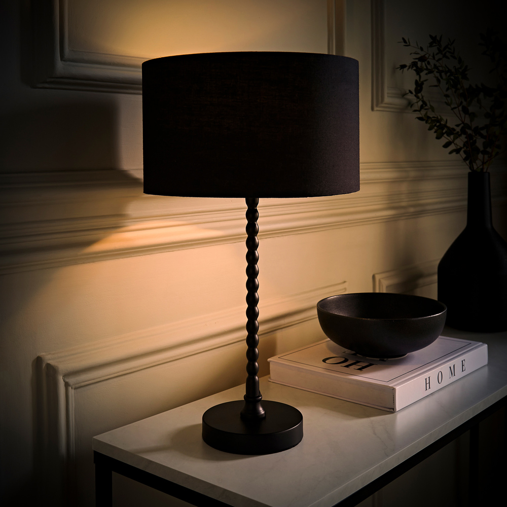 ValueLights Maeve Black Fabric Drum Shade Bobbin Bobble Table Lamp and Bulb Image 6