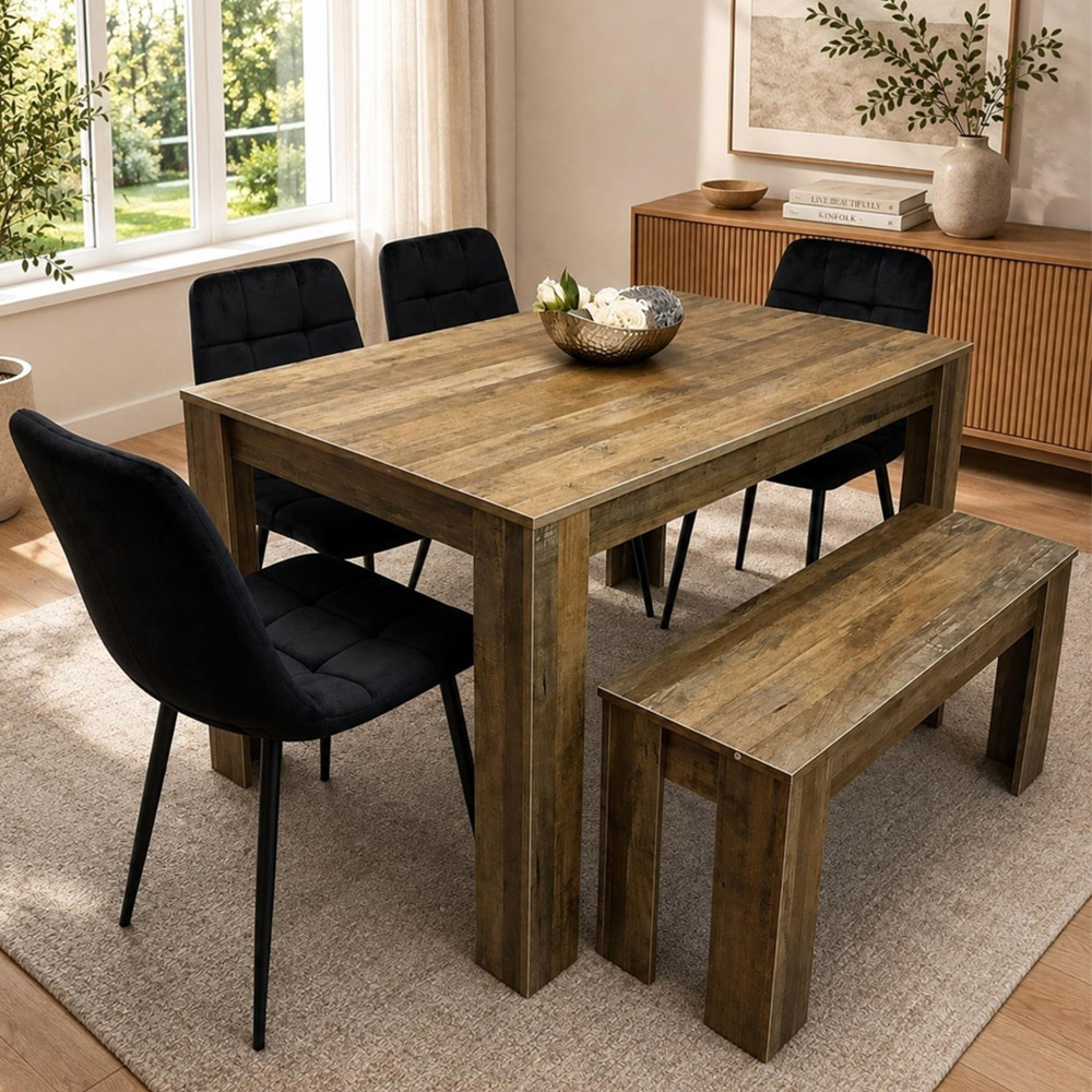 Kosy Koala 6 Seater MDF and Velvet Rectangle Dining Table Set with Bench Black Image 1