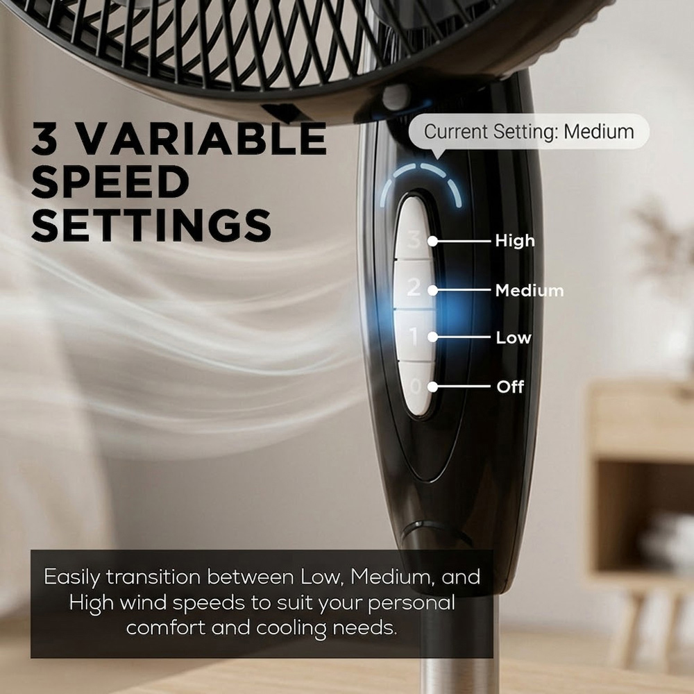 Alivio Black 5 Blade Quiet Adjustable Oscillating Pedestal Floor Fan 45W Image 8