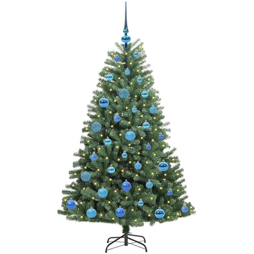 vidaXL Pre-Lit Blue Baubles Green Artificial Hinged Christmas Tree 5ft Image 1