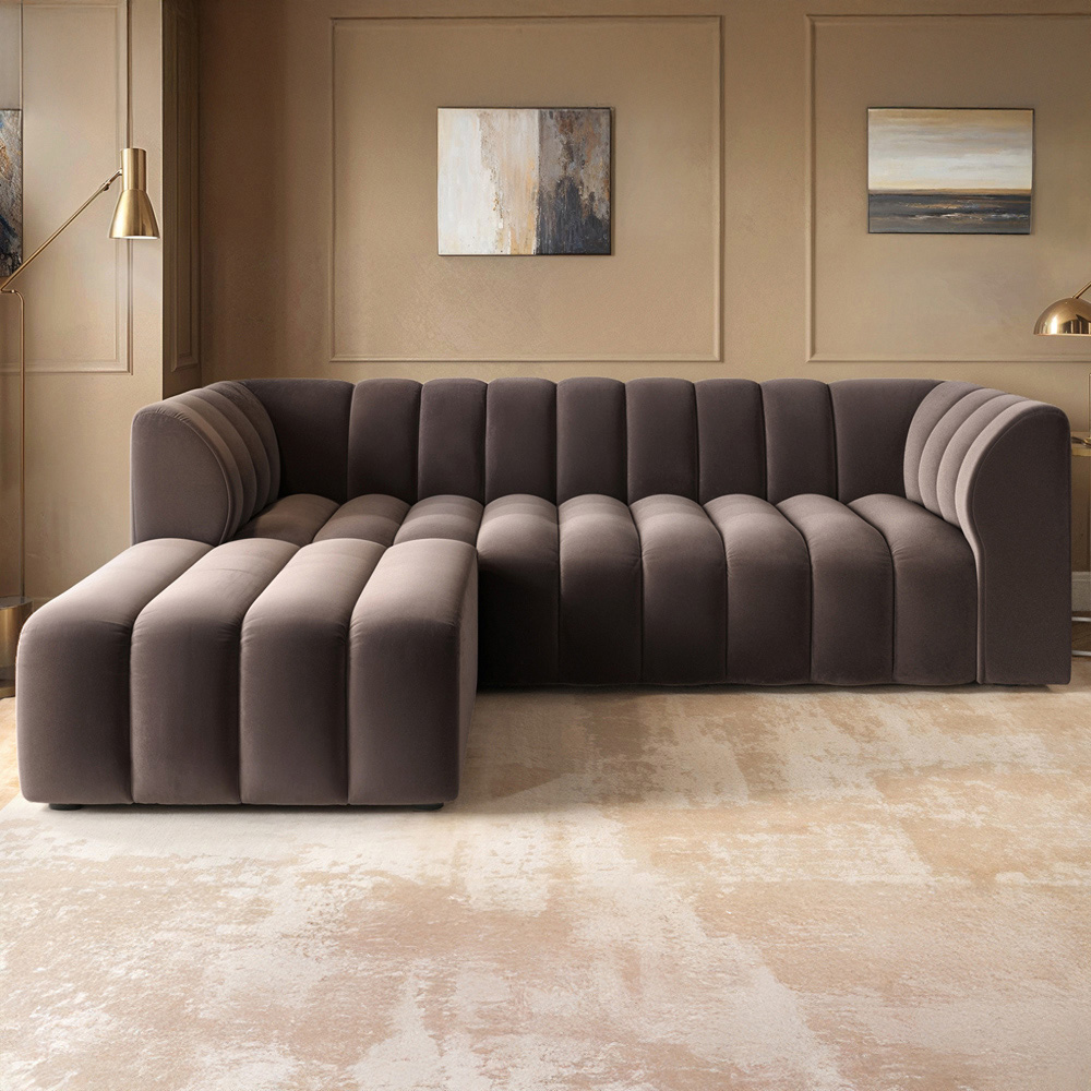 Solace+Co Halle 3 Seater Brown Velvet Sofa with Footstool Image 1