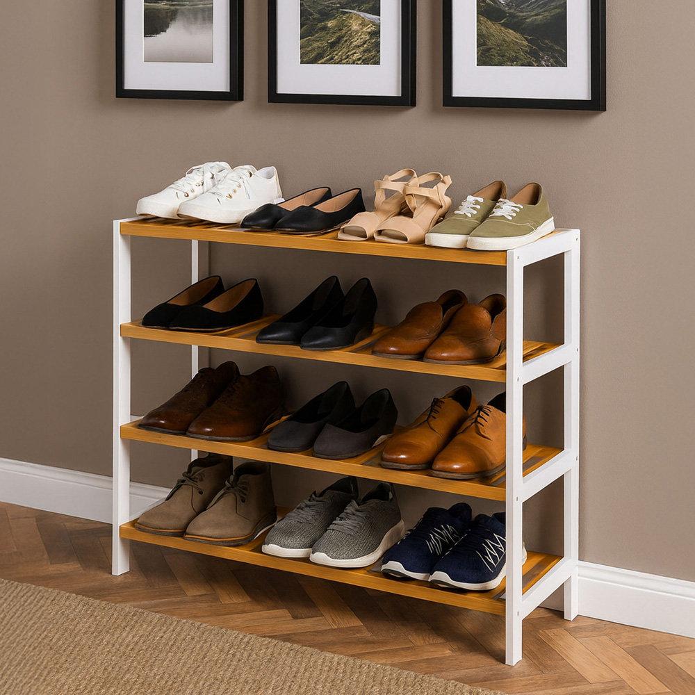Neo 4 Shelf White and Natural Bamboo Shoe Rack Image 2