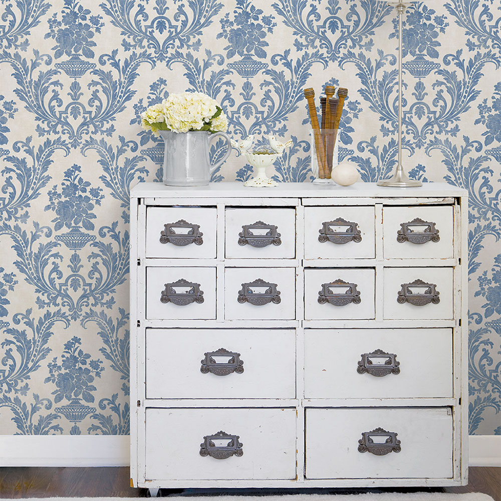 Galerie Stripes and Damask 2 Off White and Blue Wallpaper Image 2