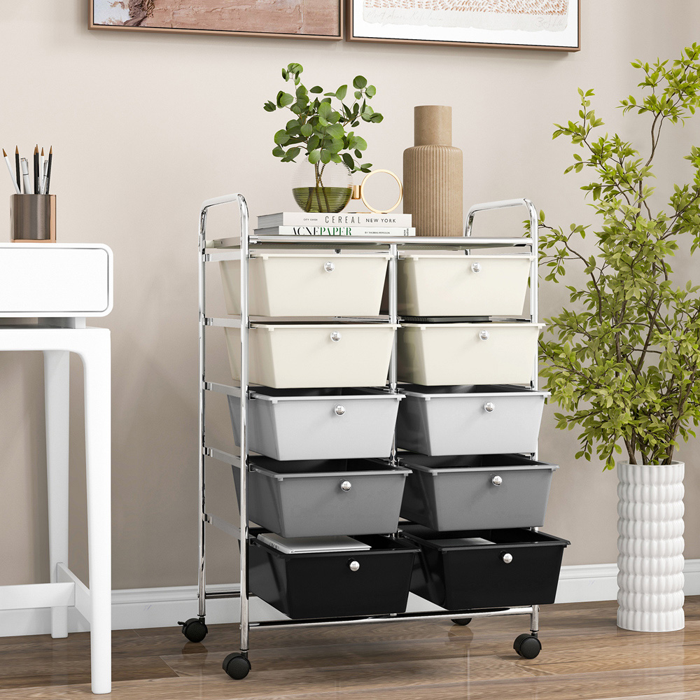 Costway 10 Drawer Black and White Storage Rolling Cart Image 3