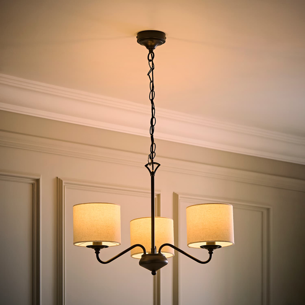 ValueLights Carmit 3 Arm Linen Shade Black Chandelier Ceiling Light with Bulb Image 2