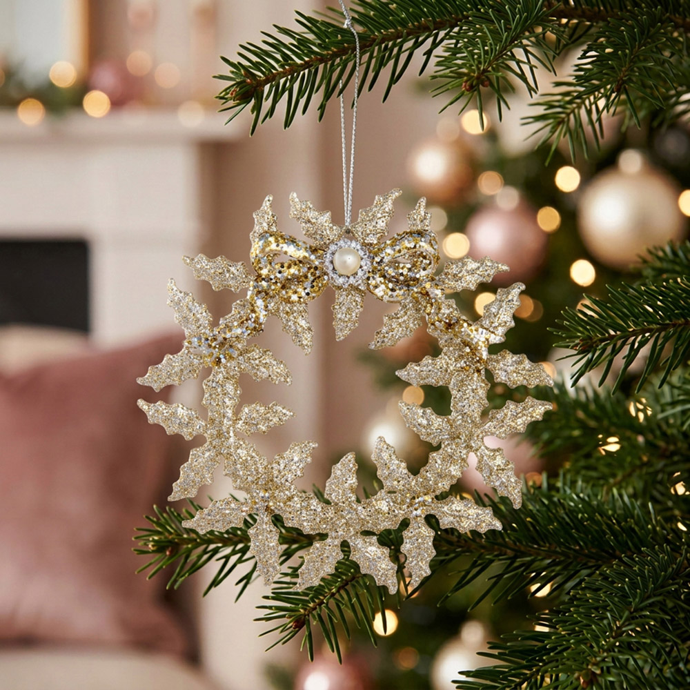 Glitter Wreath with Pearl Hanging Decoration Gold Image 2