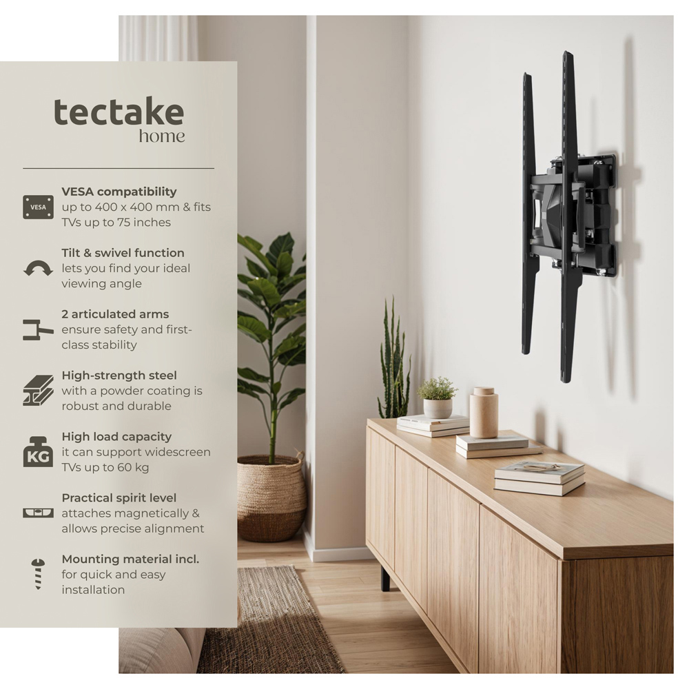 tectake 26 to 75inch Tiltable Extendable Wall Mount Flat TV Bracket Image 6