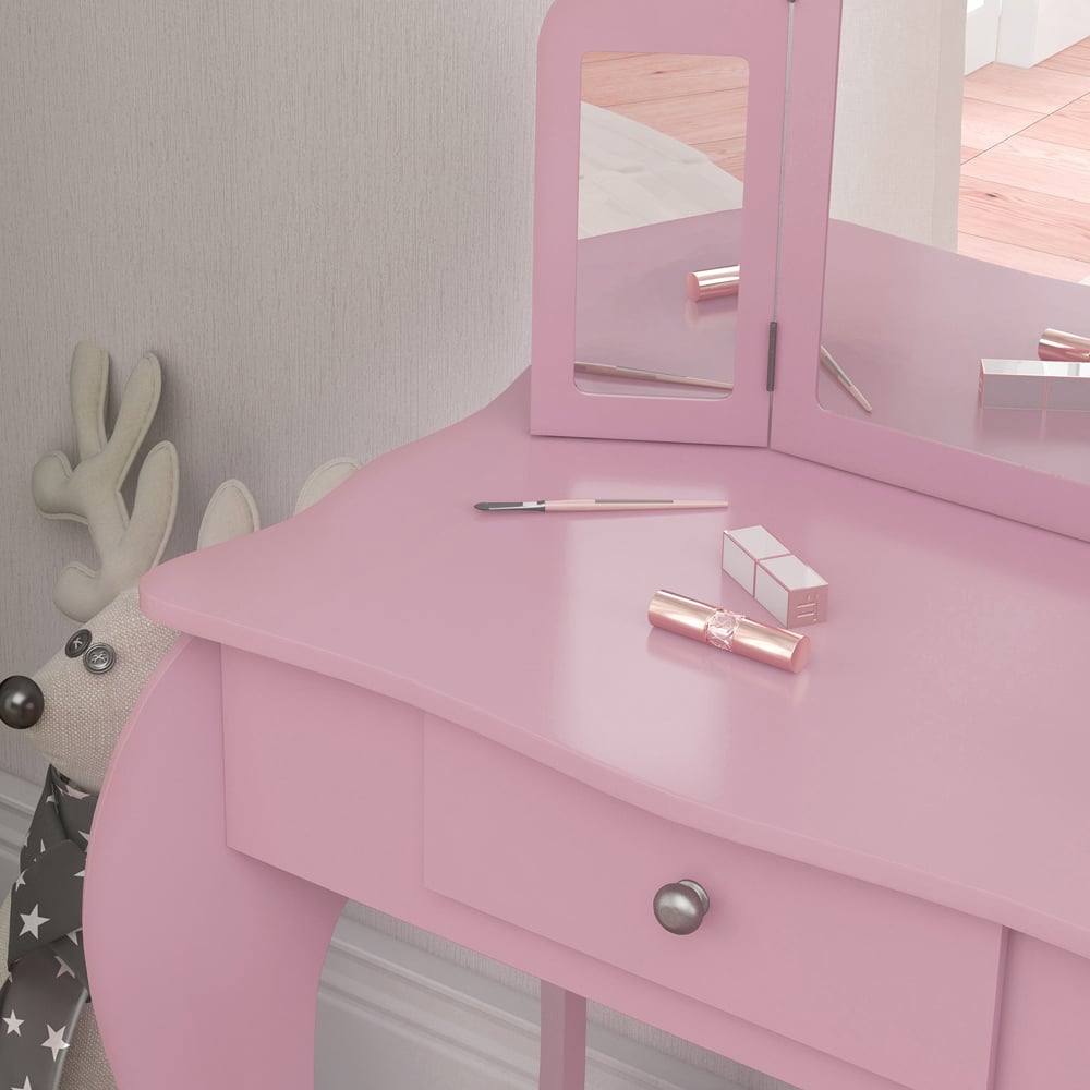 HOMCOM Single Drawer Pink Tri-Folding Mirror Makeup Dressing and Table Set Image 4
