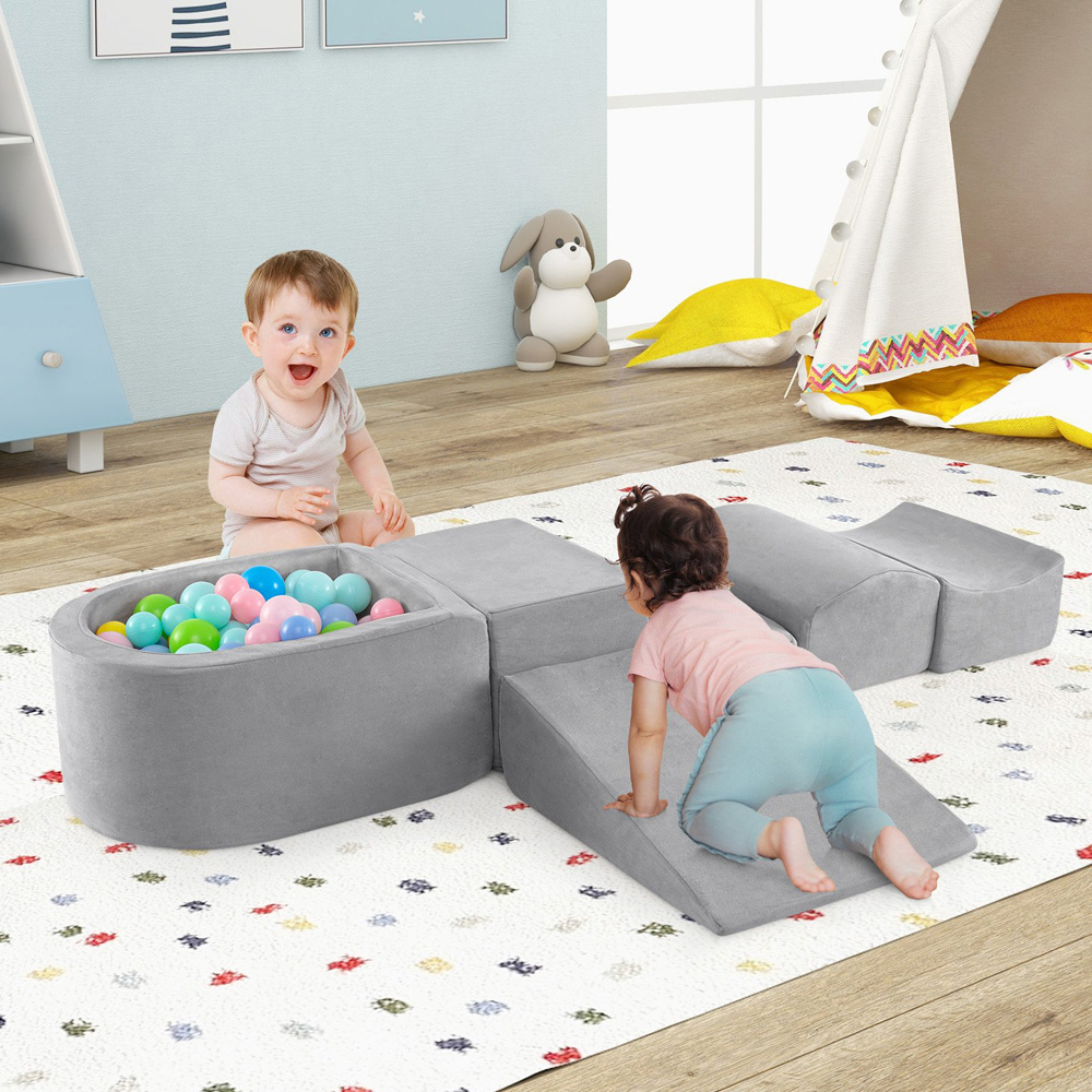 Costway Kids Grey 5 Piece Climb and Crawl Play Set with Ball Pit Image 3