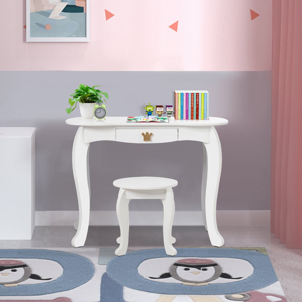 Costway Kids White Vanity Table and Chair Set with Mirror Image 4