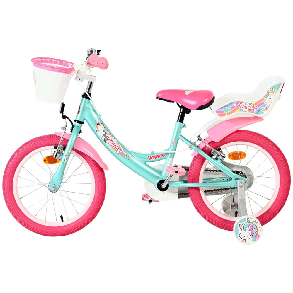 Volare Unicorn Kids 16 inch Green and Pink Bike with Stabilisers Doll Seat and Basket Image 5