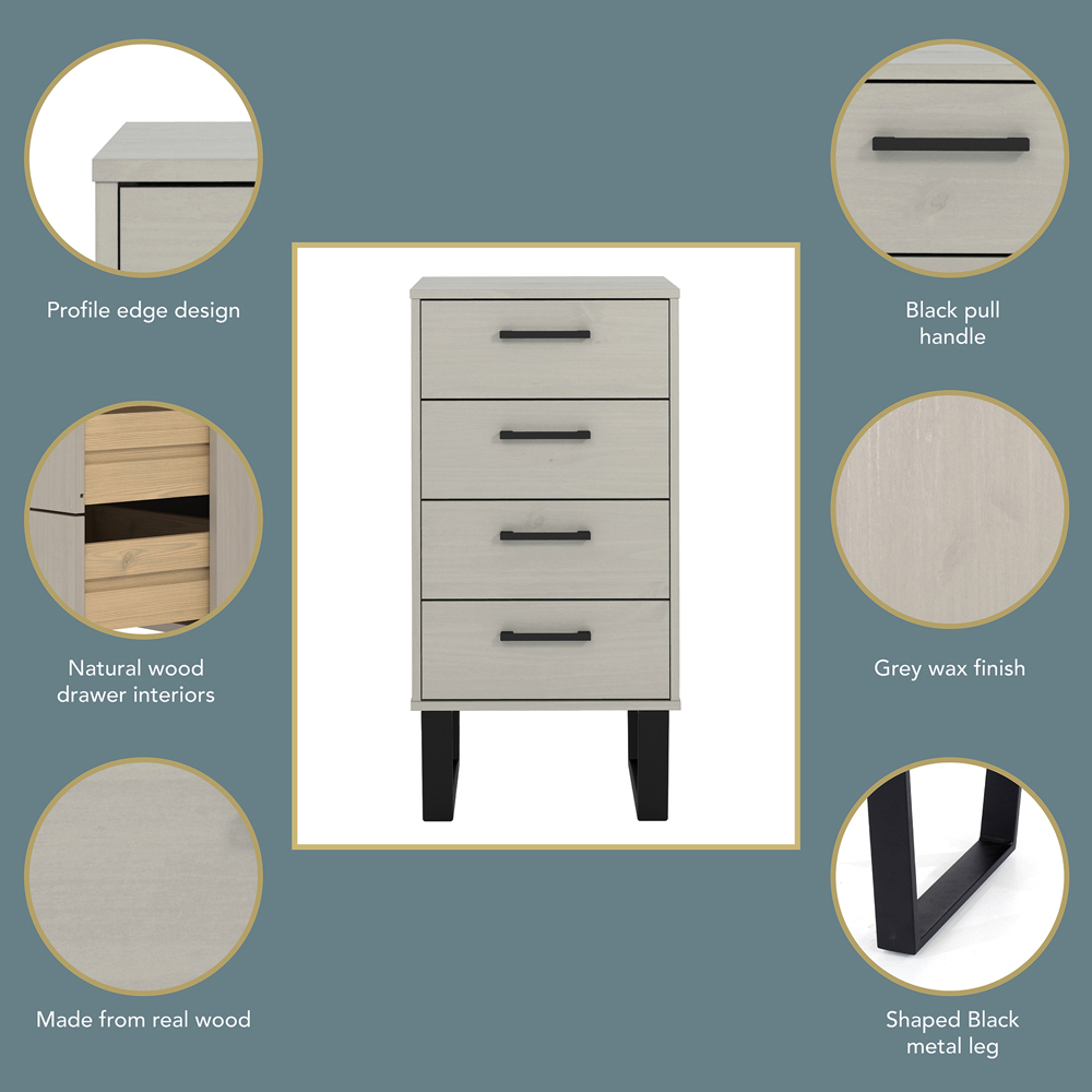 Core Products Texas 4 Drawer Grey Waxed Pine Narrow Chest of Drawers Image 5