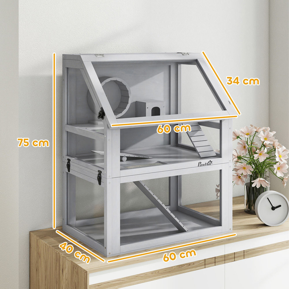 PawHut Light Grey Wooden Hamster Cage with Detachable Bottom Image 9