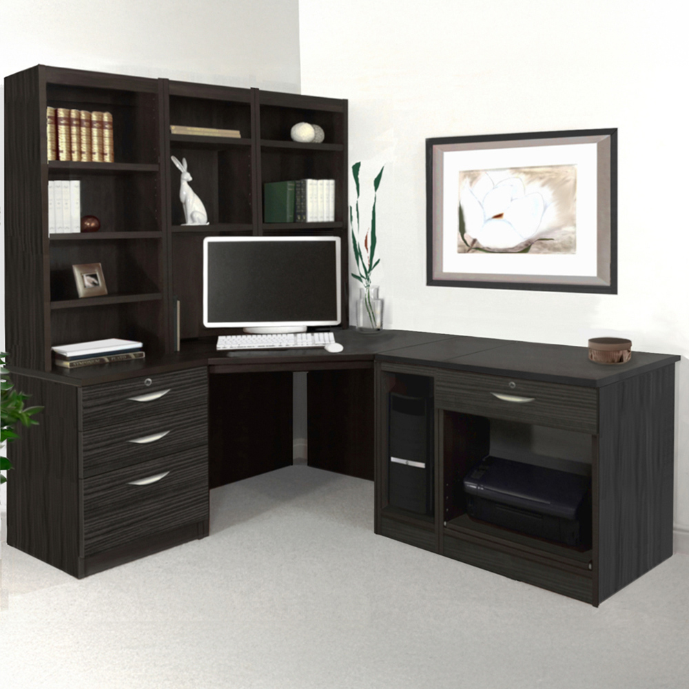 R White Cabinets 4 Drawer Corner Set-20 Computer Desk with Printer Shelf and Bookcase Black Image 1