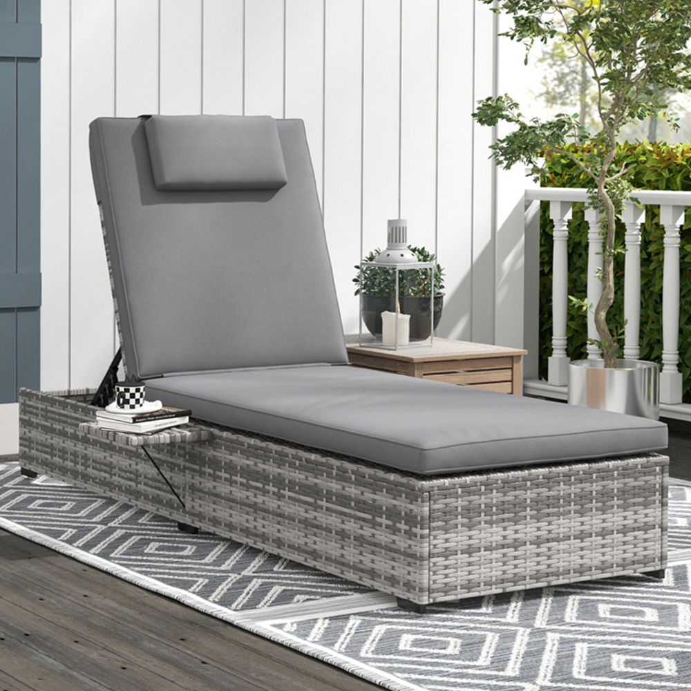 Outsunny Grey Rattan Reclining Sun Lounger with Cushions Image 1