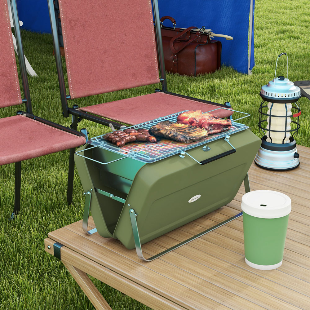 Outsunny Green Foldable Suitcase Design Mini Charcoal Barbecue Grill BBQ Image 2