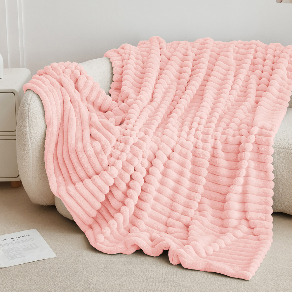 Groundlevel Extra Large Pink Stripe Super Soft Luxury Faux Fur Throw Image 2