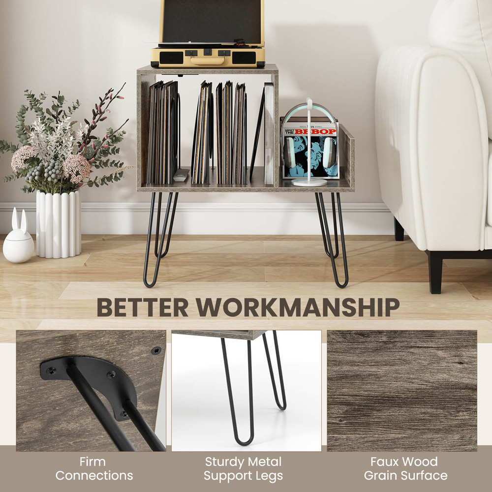 Costway Grey Record Player Stand with Power Outlet and Removable Dividers Image 7