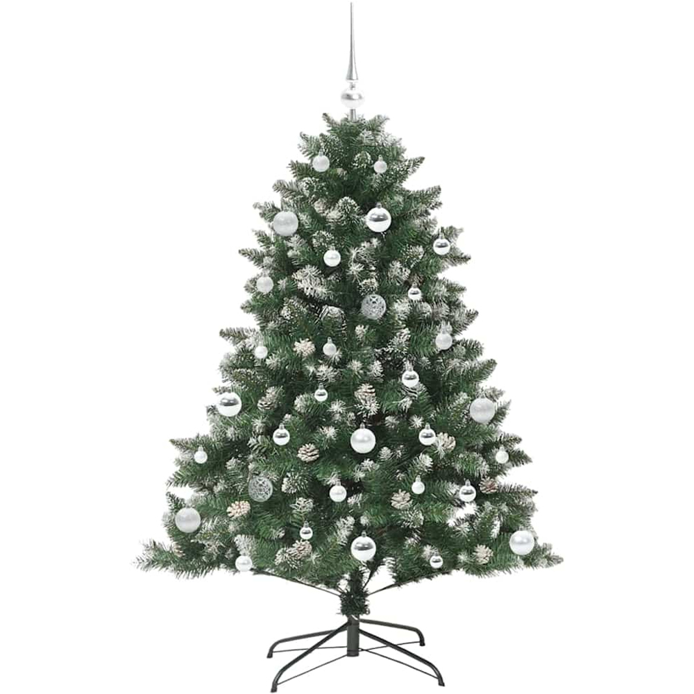 vidaXL Pre-Lit Silver Baubles Green Artificial Snow Tipped Christmas Tree 5ft Image 4