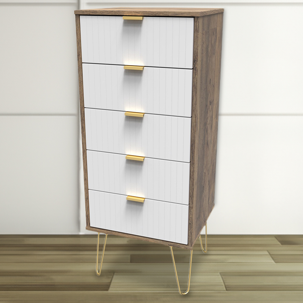 Crowndale 5 Drawer White Matt and Vintage Oak Chest of Drawers Ready Assembled Image 1