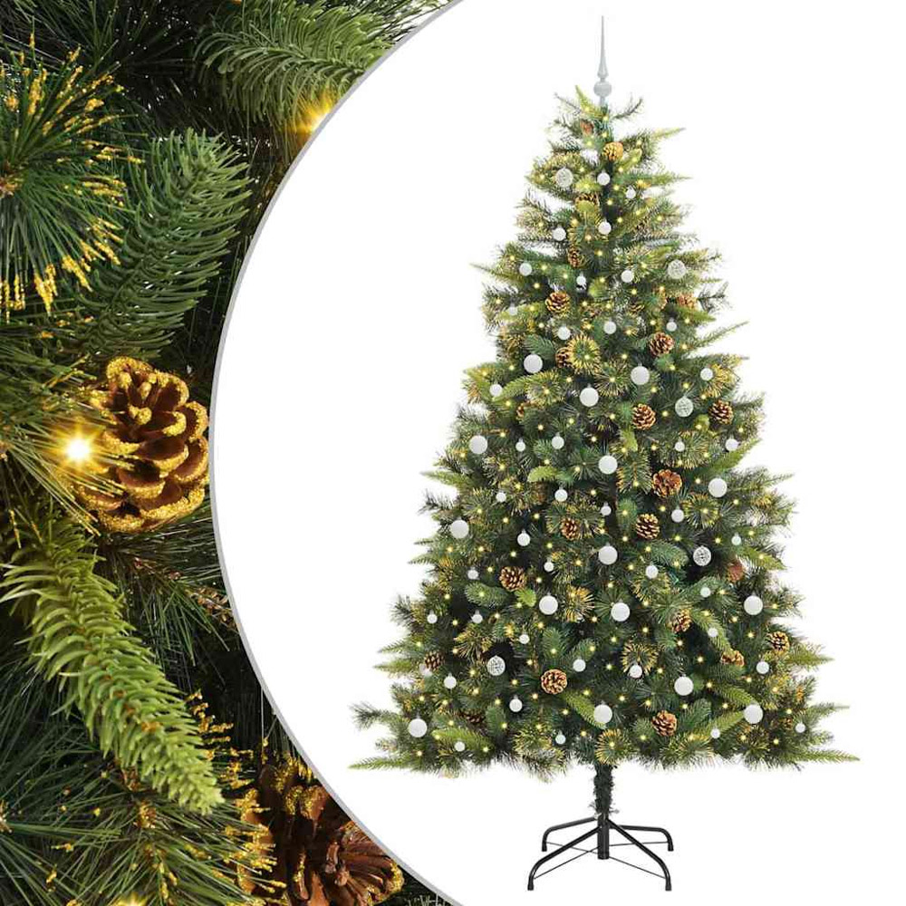 vidaXL Pre-Lit White Baubles and Pinecones Green Artificial Christmas Tree 8ft Image 2