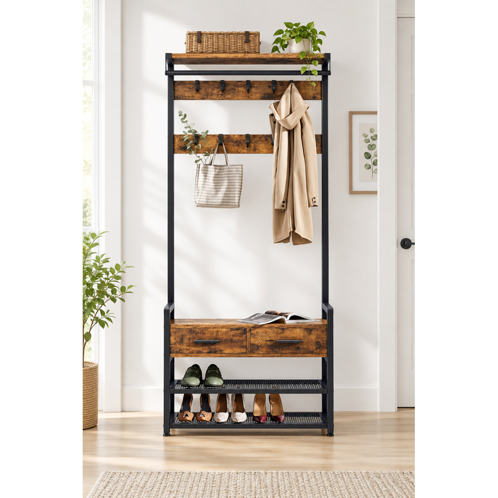 Modcraft 2 Drawer 2 Shelf Rustic Brown Industrial-Style Hall Tree with Shoe Bench Image 2