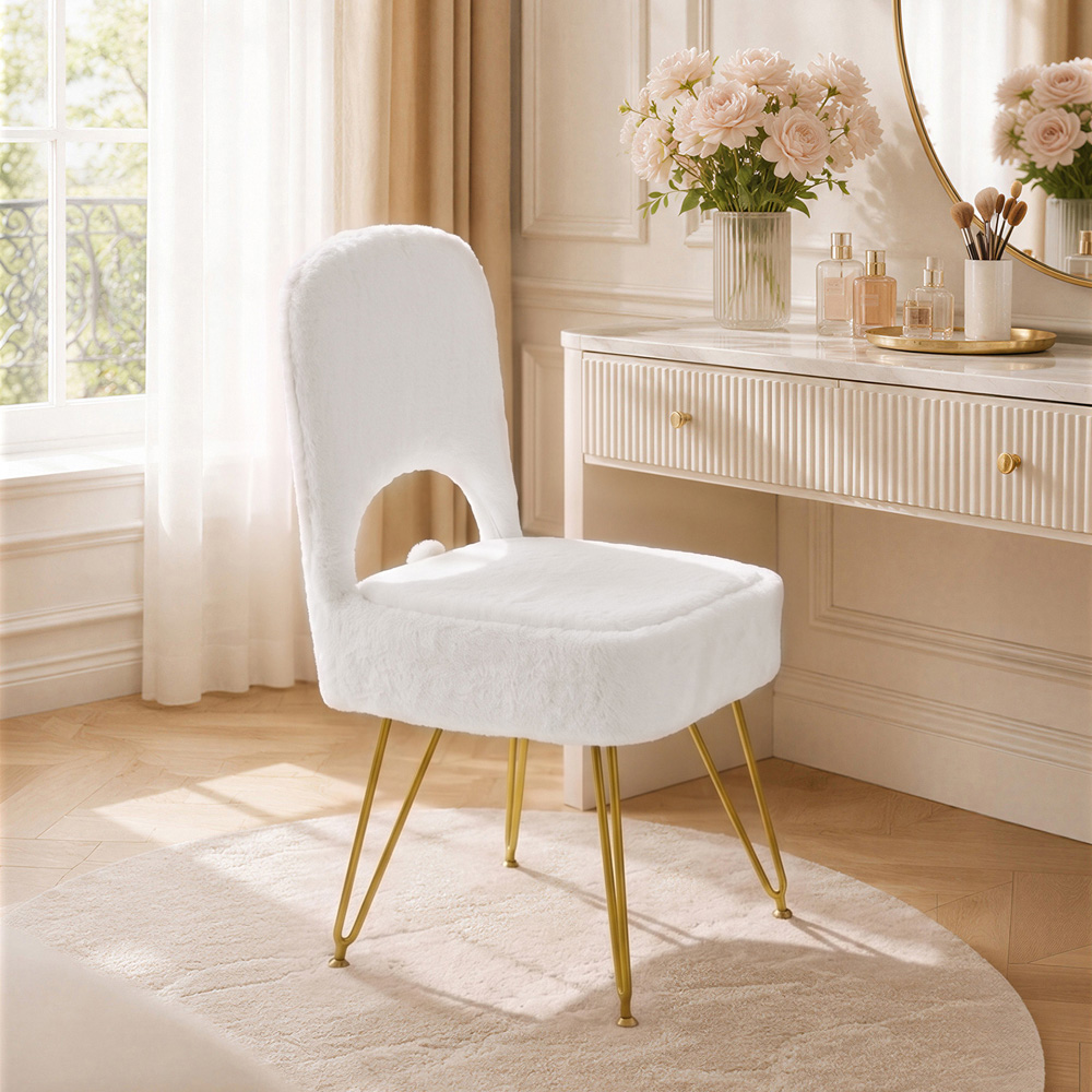 Living and Home White Faux Rabbit Fur Foldable Backrest Vanity Chair with Hidden Storage Image 8