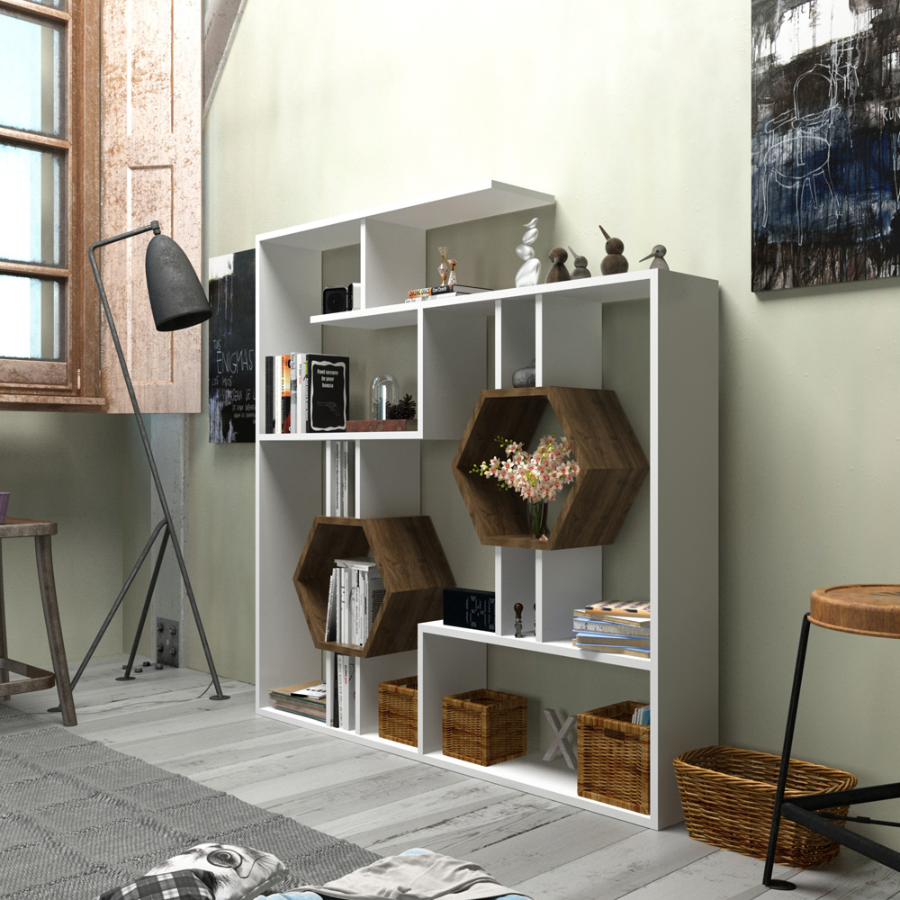 Decorotika Tamara Brown and White Geometric Unique Bookshelf Image 3