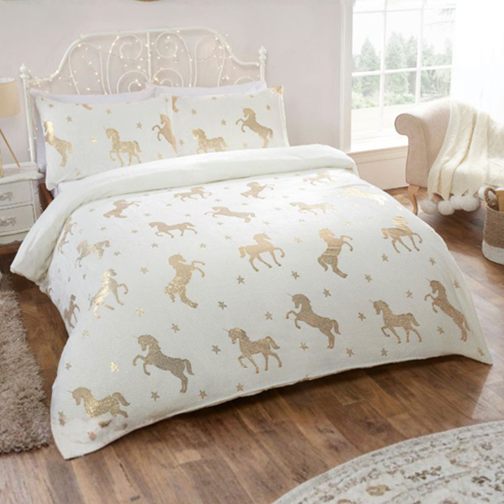 Smart Living Double Ivory Foil Flannel Fleece Unicorn Duvet Set Image 1