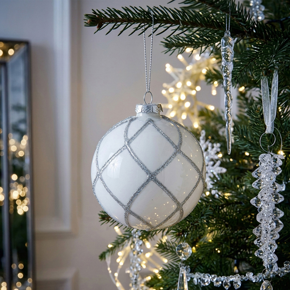 Interwoven Diamond Pattern Glitter Wrapped Bauble White Image 2