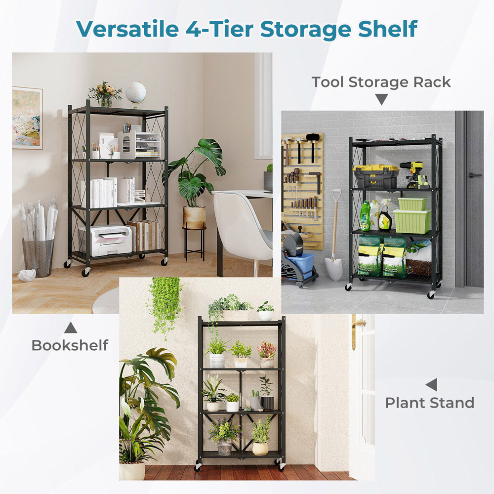 Costway 3 Shelf Black Metal Foldable Collapsible Storage Rack with Lockable Wheels Image 3
