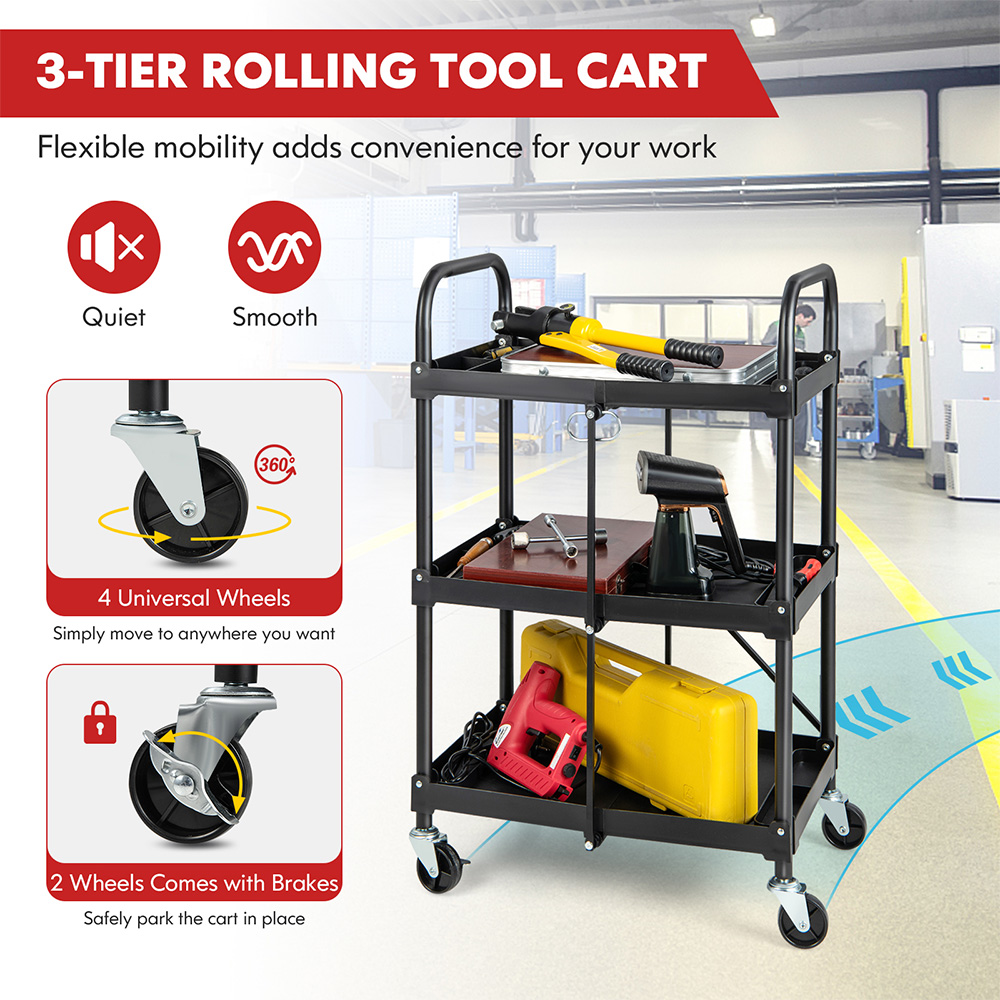 Costway 3 Shelf Folding Tool Trolley with Lockable Wheels Image 8