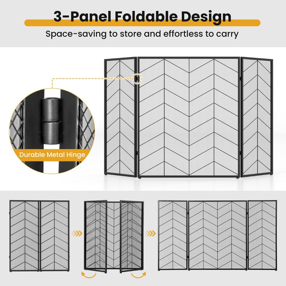Costway 3 Panel Chevron Herringbone Pattern Folding Fireplace Screen Image 6